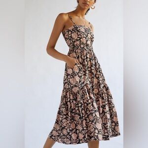 Anthropologie BEACHGOLD 100% Cotton Floral Block Print Midi Dress Spring XS